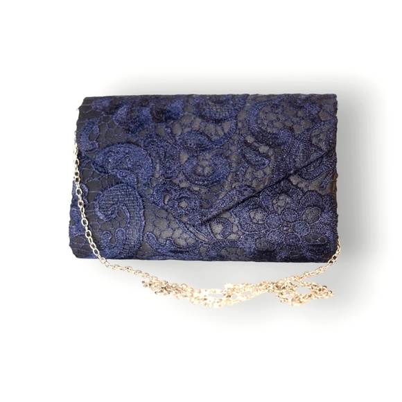 WOMENS ELEGANT FLORAL LACE CLUTCH HAND BAG WITH CHAIN STRAP - Picture 14 of 16